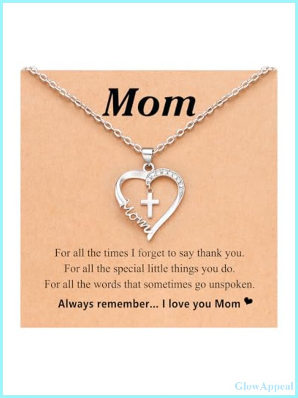 Heart Cross Mom Pendant Necklace Silver Plated CZ